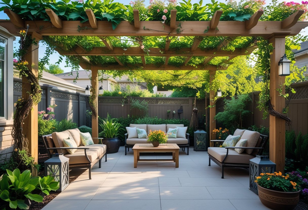 Backyard patio with a wooden pergola covered in climbing plants and outdoor seating underneath.