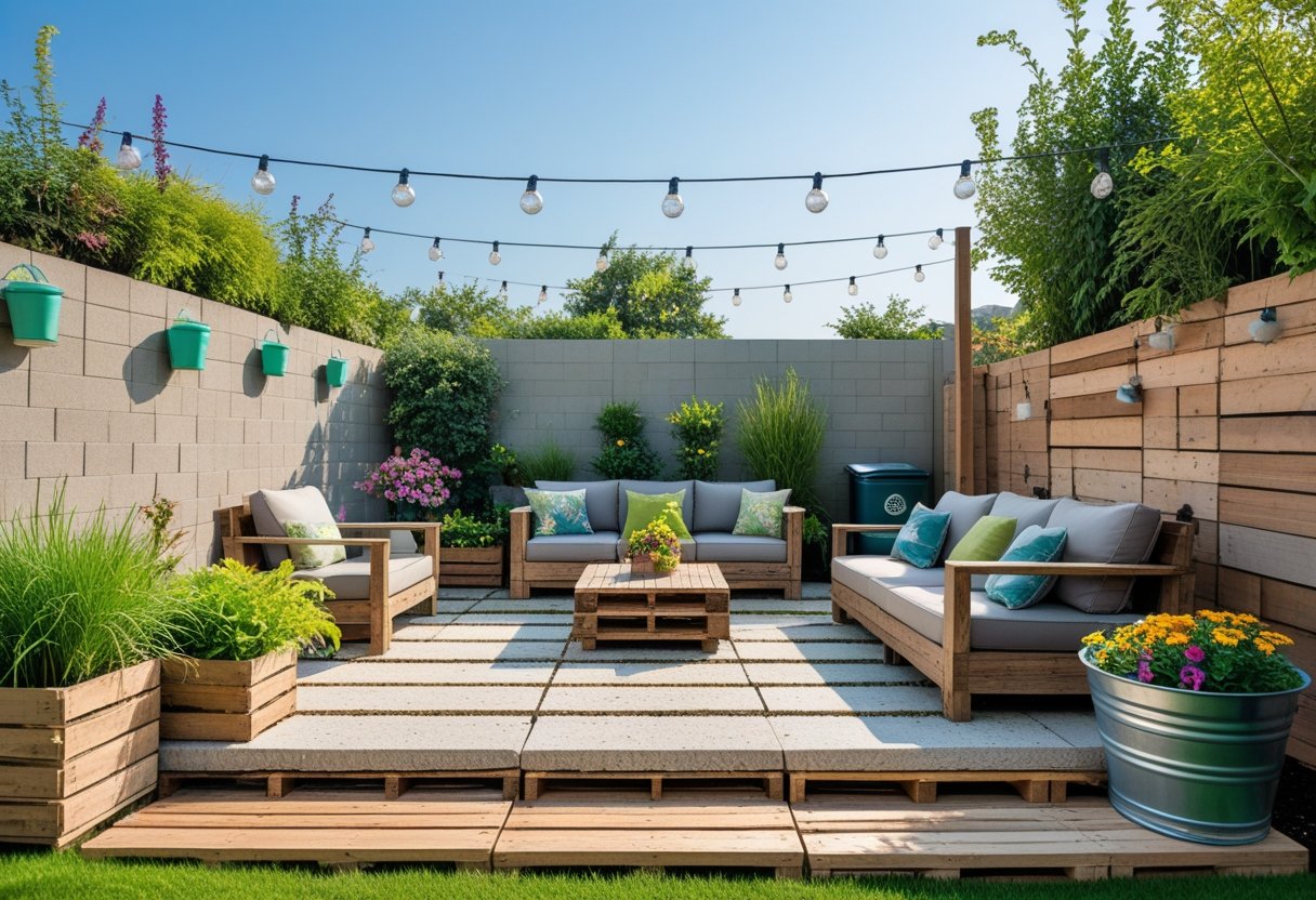 Backyard patio with outdoor seating made from recycled materials, surrounded by plants and solar lights.