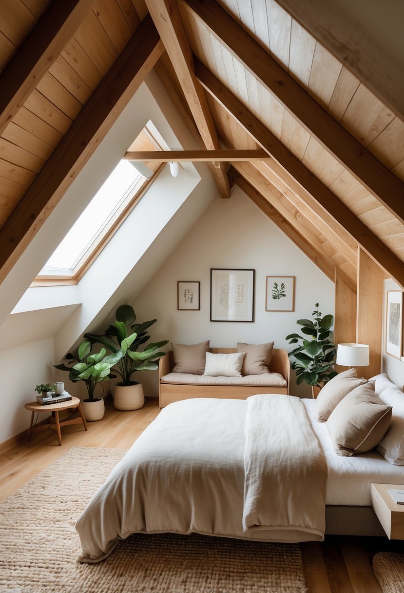 A cozy attic bedroom with sloped wooden ceilings, a bed, a reading nook, and natural light coming through a skylight.