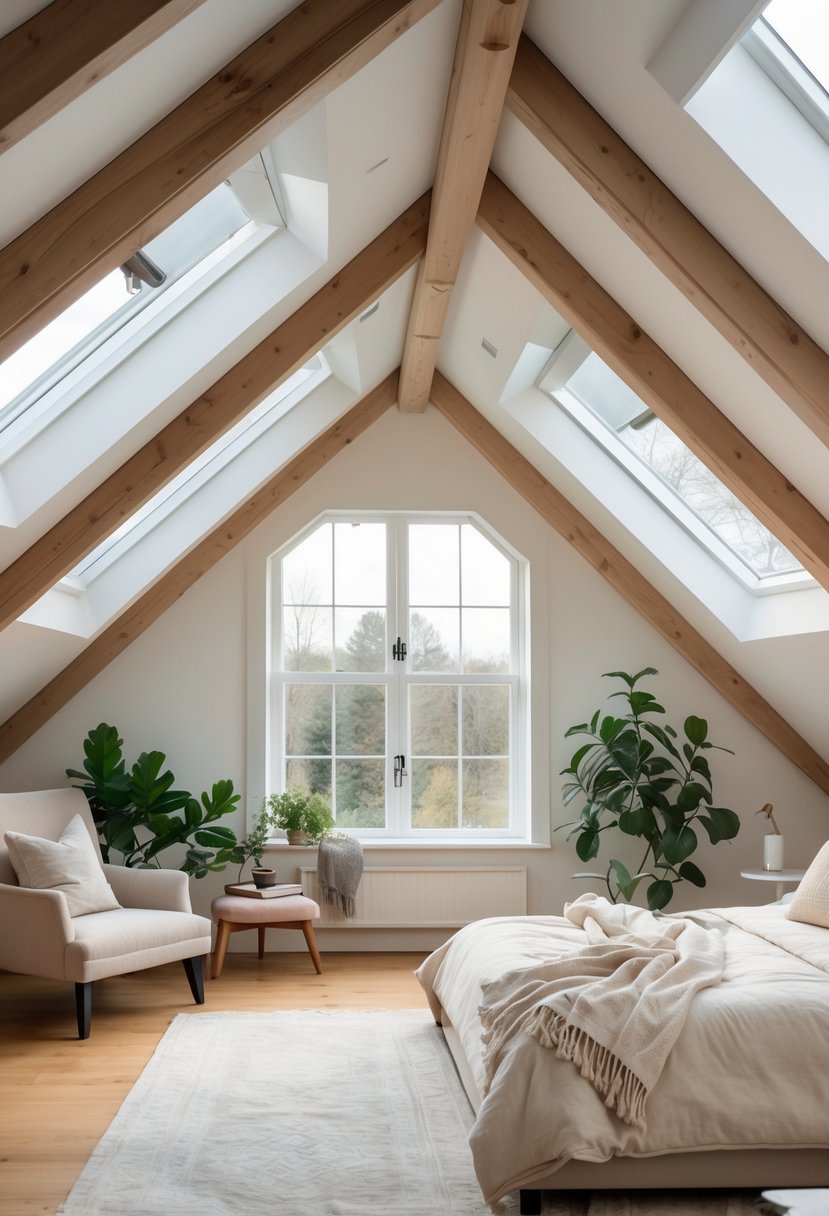 A bright attic bedroom with dormer windows letting in natural light, featuring a cozy bed, wooden beams, and a small reading nook with plants.