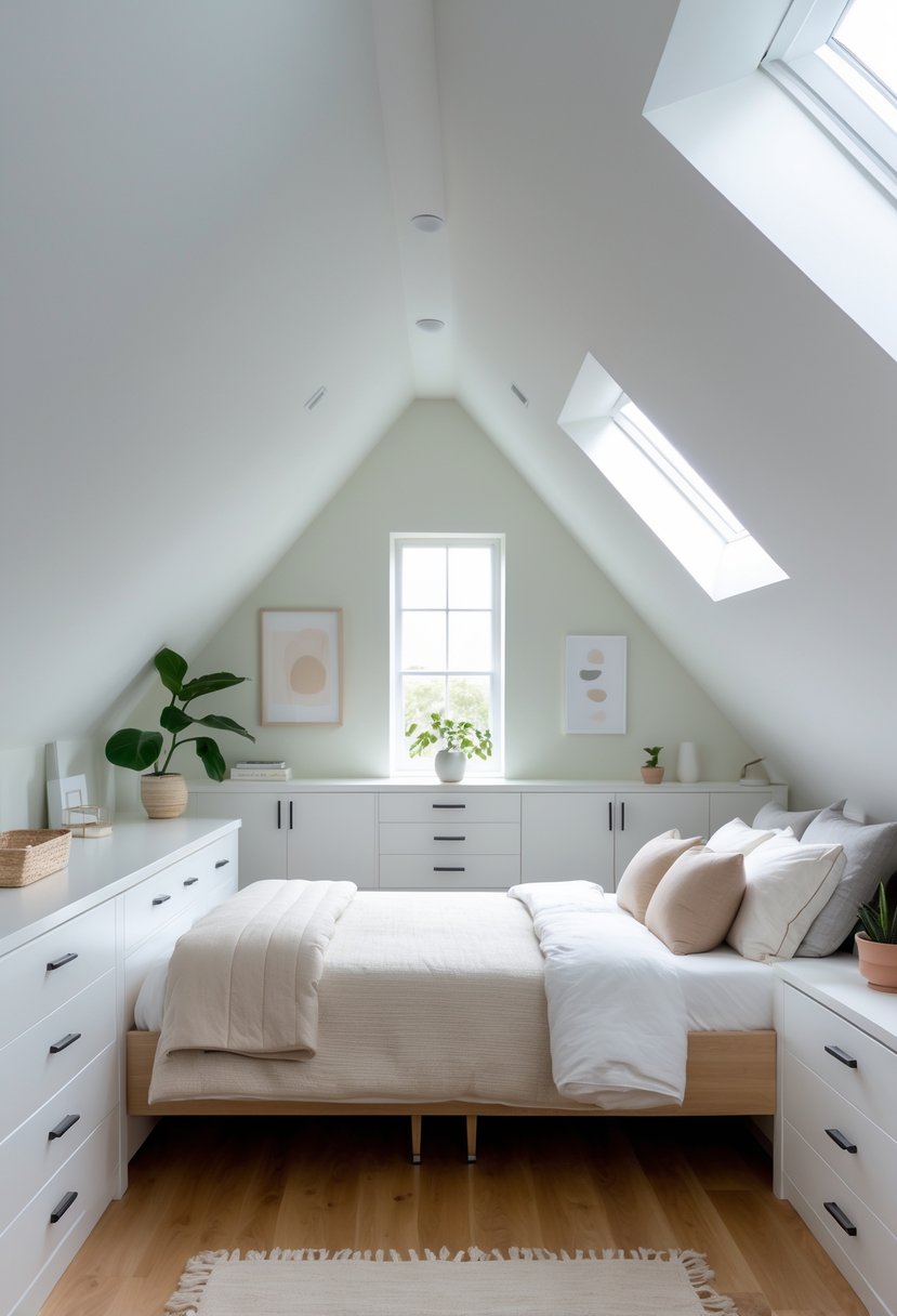 An attic bedroom with sloped ceilings, featuring built-in white storage cabinets under the eaves, a bed, and natural light from a skylight.
