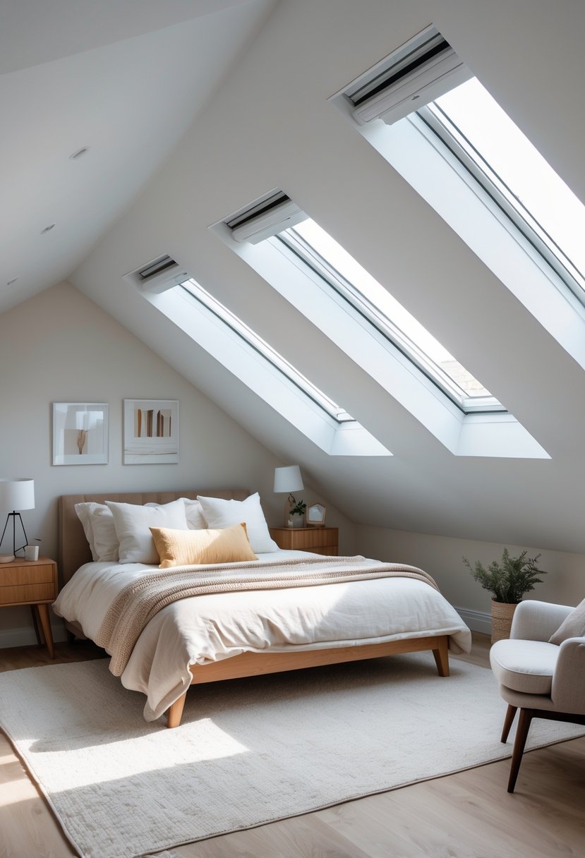 An attic bedroom with skylights letting in natural daylight, featuring a cozy bed, nightstand, and a comfortable chair.