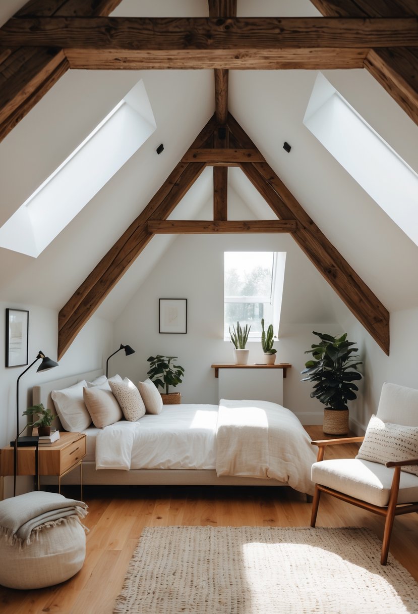 A bright attic bedroom with exposed wooden beams, a bed, a nightstand with a lamp, an armchair, and natural light coming through skylight windows.