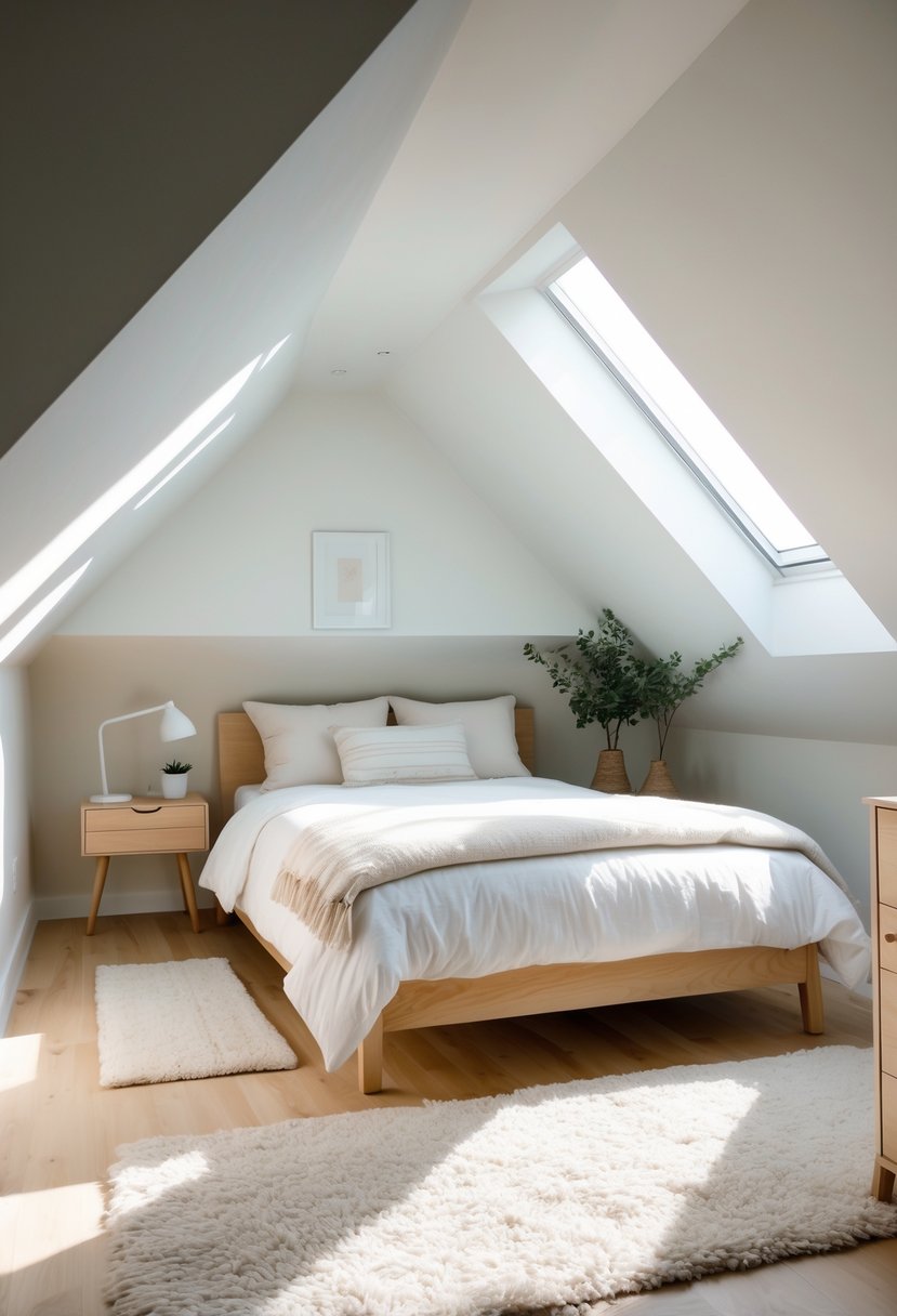 A bright attic bedroom with sloped ceilings, a bed under a skylight, light-colored walls, wooden furniture, and natural light filling the space.
