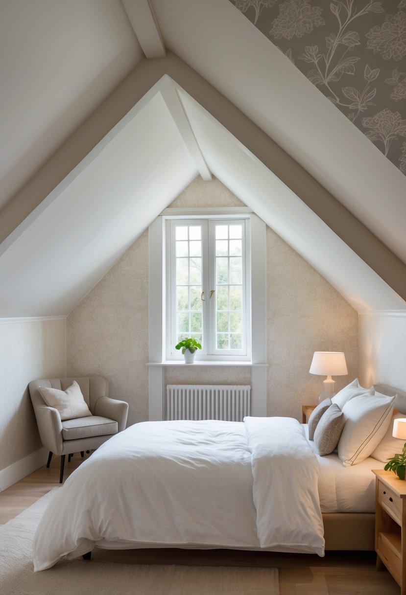 A bright attic bedroom with sloped ceiling, patterned wallpaper, a bed, bedside table, and armchair.