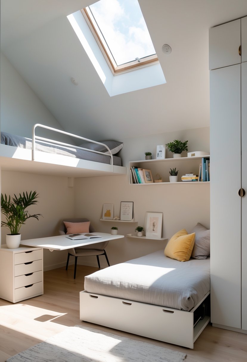 An attic bedroom with a loft bed, foldable desk, and compact wardrobe under a skylight window.