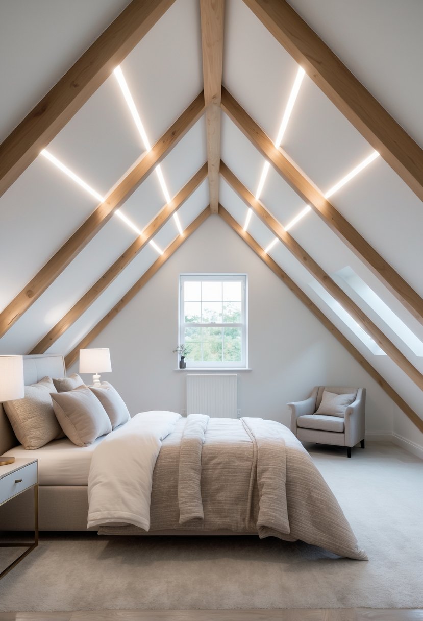 An attic bedroom with a sloped ceiling featuring recessed lighting, a bed, wooden beams, and a window letting in natural light.
