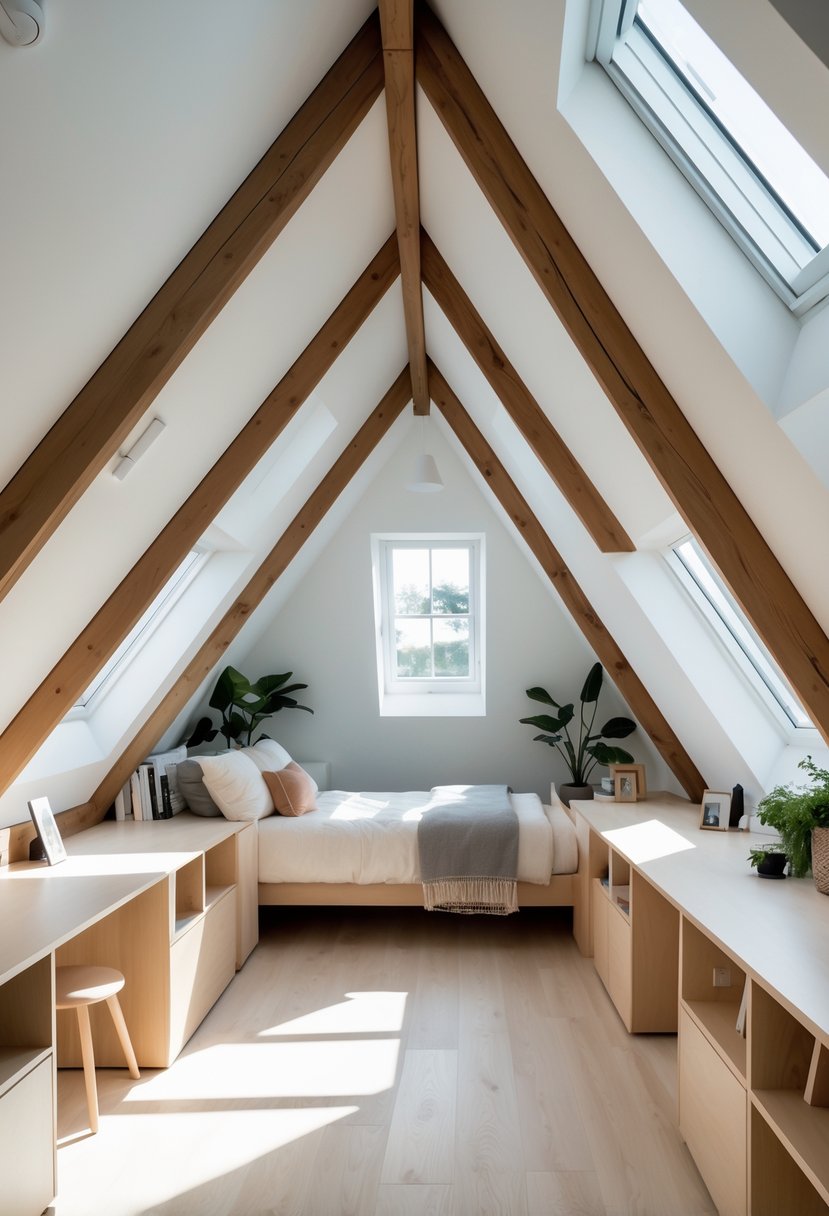 An attic bedroom with sloped ceilings and built-in desks along angled walls, featuring a bed and natural light from skylights.