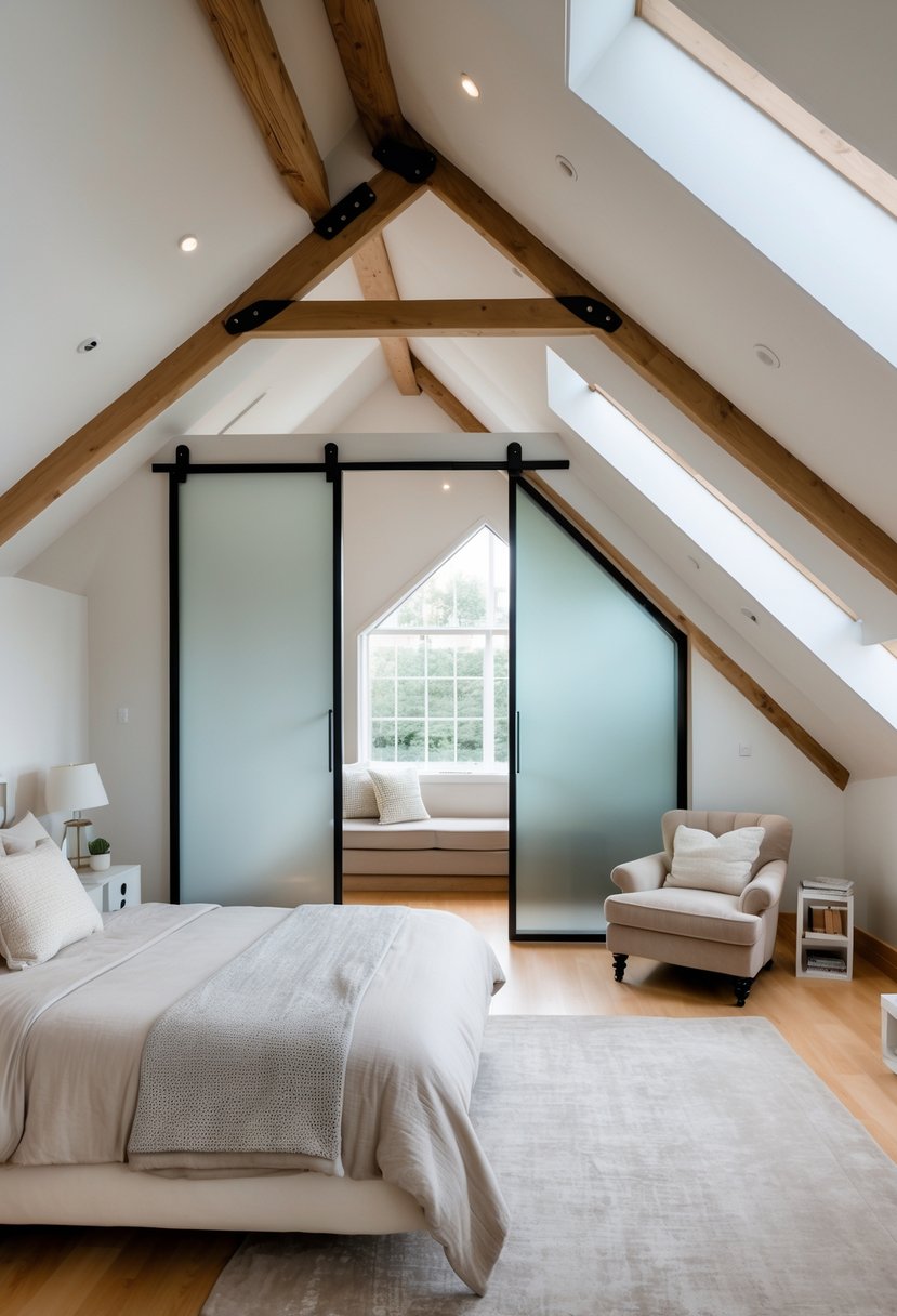 A bright attic bedroom with sloped ceilings, sliding glass doors, a bed, and a cozy reading nook.