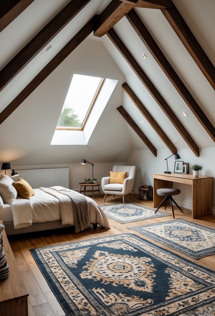 An attic bedroom with slanted ceilings and wooden beams, showing distinct areas including a bed, a reading nook, and a workspace, each defined by area rugs.