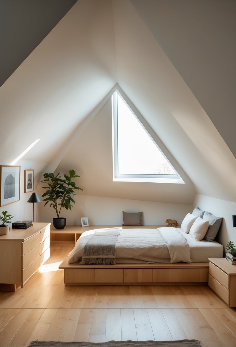 Attic bedroom with low furniture placed under sloped ceilings, including a platform bed, dresser, and bedside table, illuminated by natural light from a skylight.