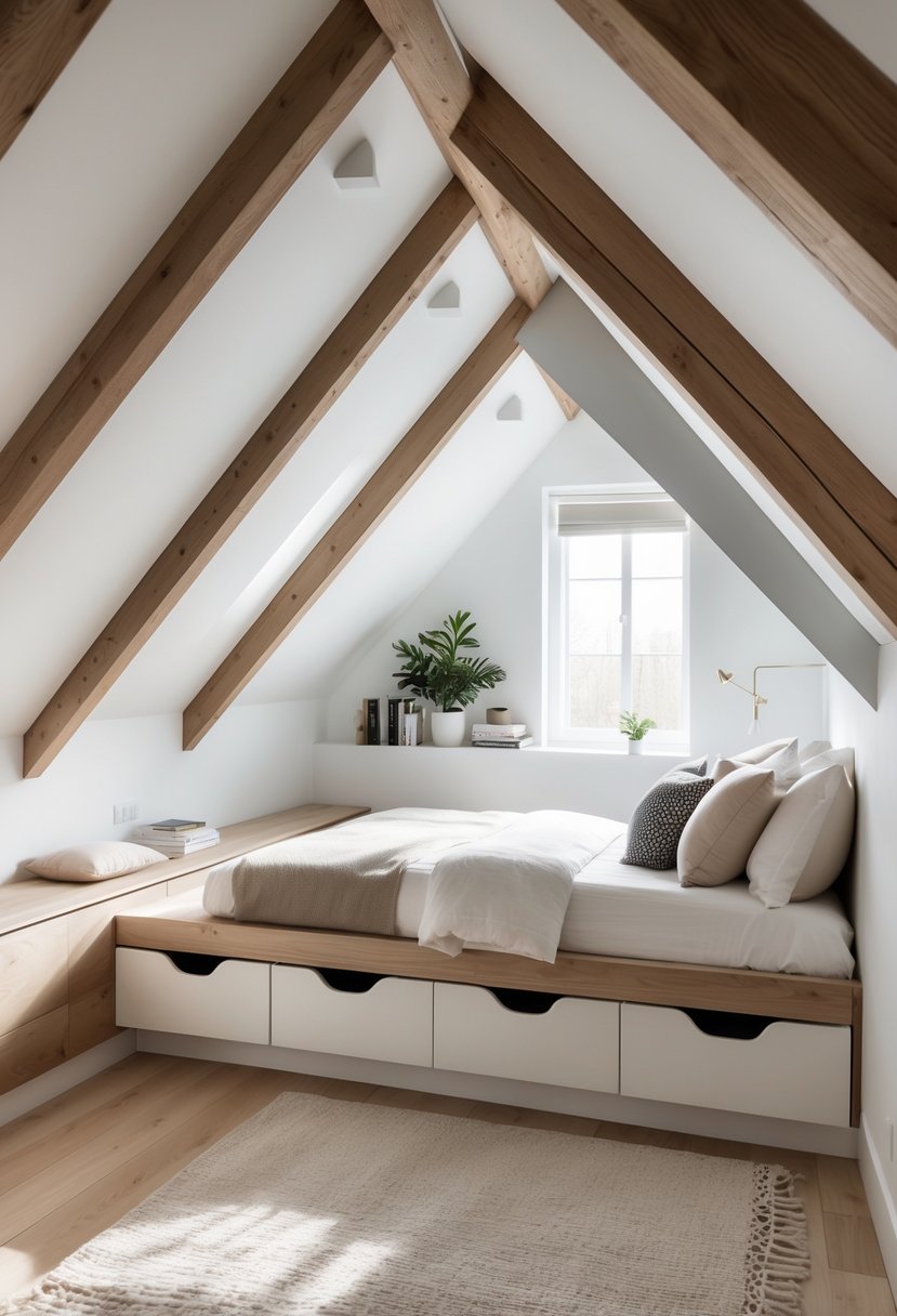 Attic bedroom with a bed and bench featuring hidden storage compartments under a sloped ceiling with wooden beams.