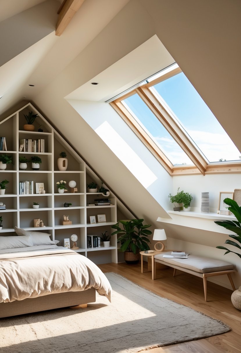 Attic bedroom with sloped walls and built-in shelves filled with books and decorations, a bed, and natural light coming through a skylight.