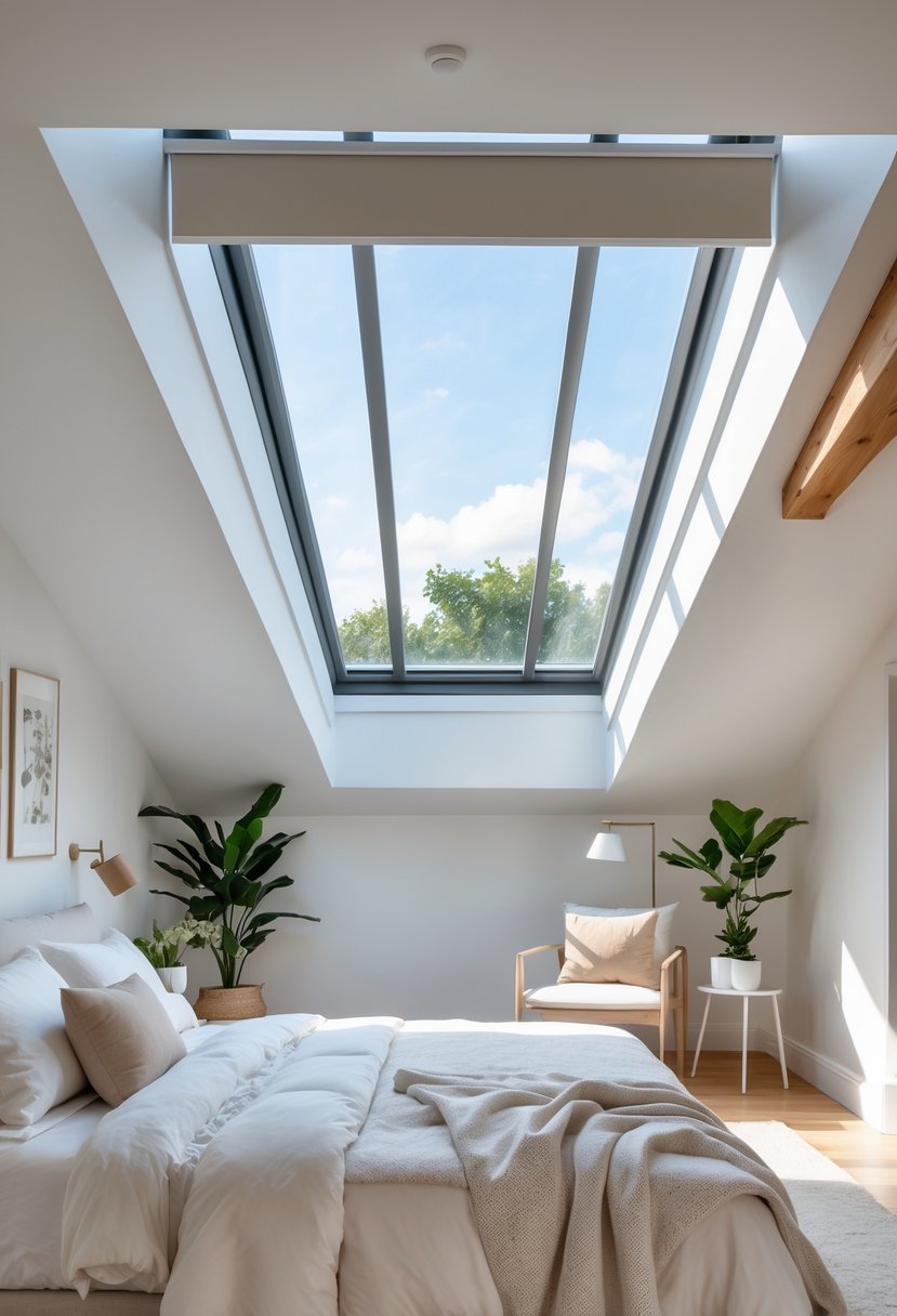 An attic bedroom with a skylight and motorized shades, showing a cozy bed, wooden beams, and natural light filling the room.