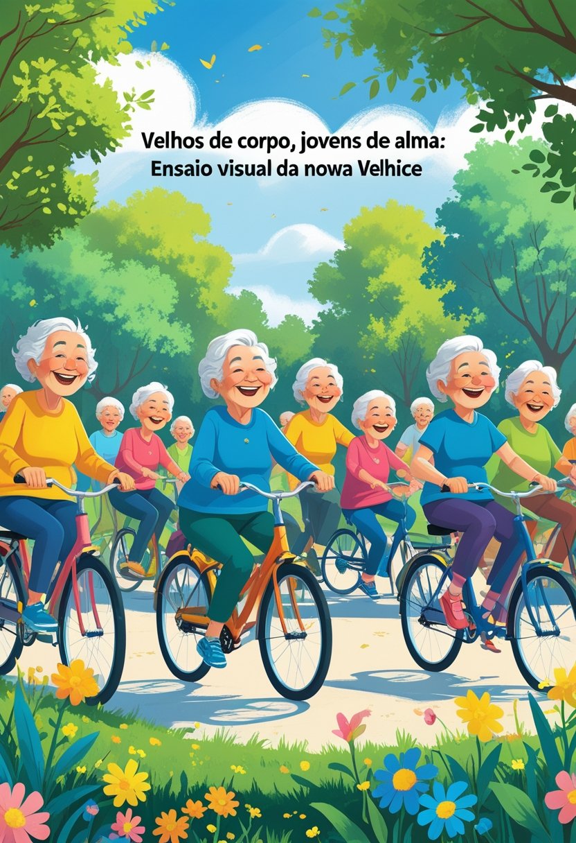 Grupo de idosos felizes realizando atividades ao ar livre em um parque ensolarado, mostrando energia e alegria.