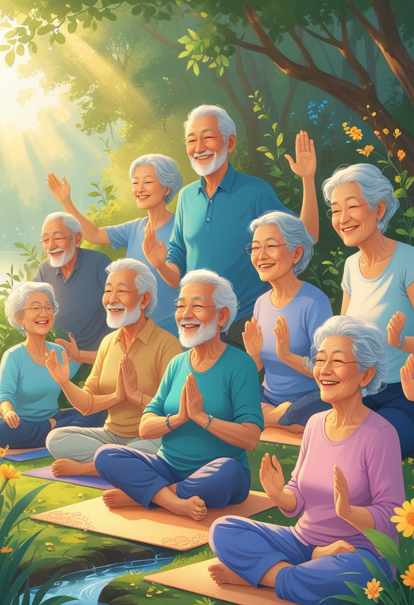 Grupo de idosos ativos e felizes em um ambiente natural, praticando atividades como yoga, meditação e arte, transmitindo vitalidade e alegria.