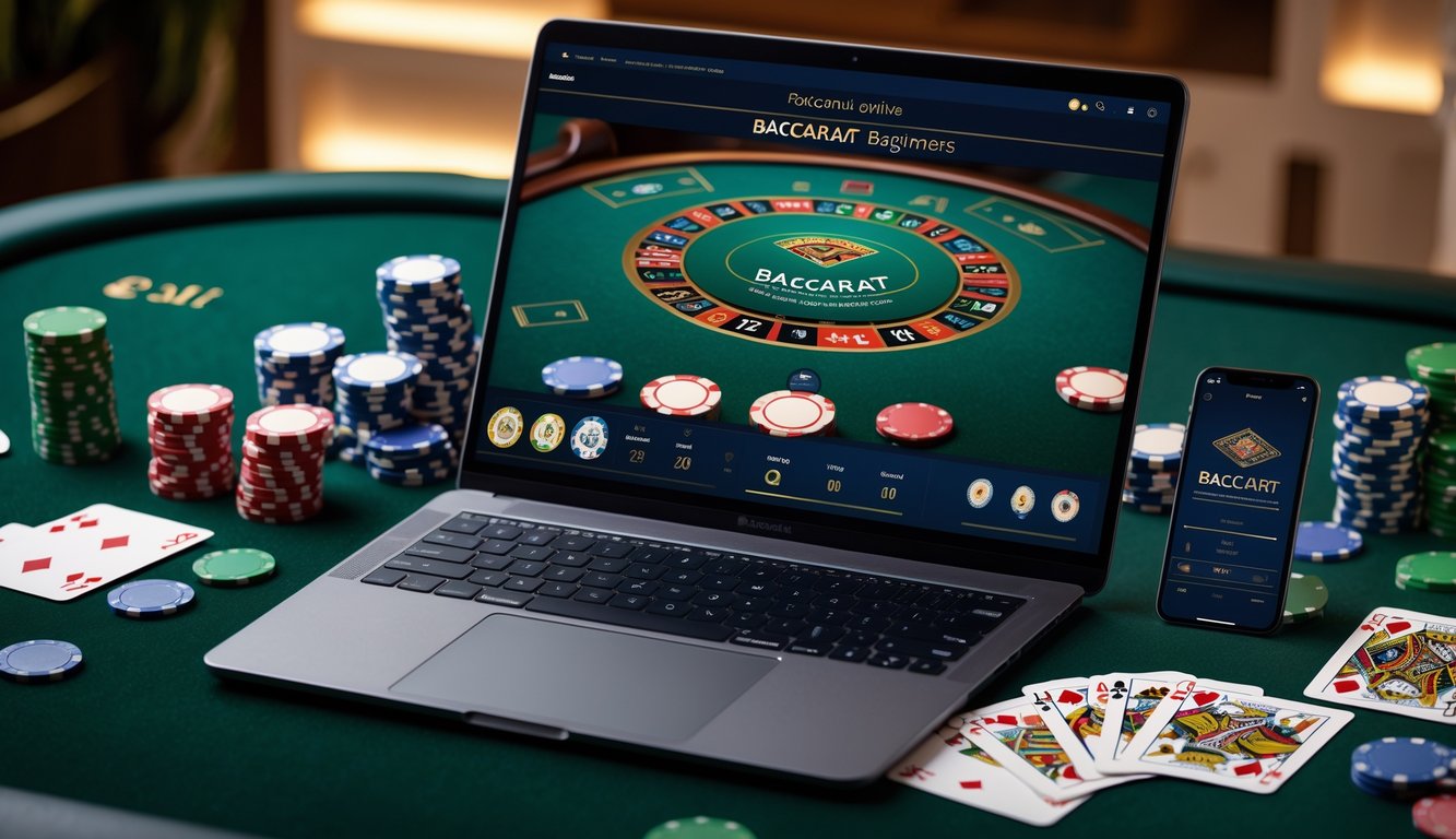 Seorang pemain baru sedang belajar bermain baccarat online dengan laptop dan kartu di meja.