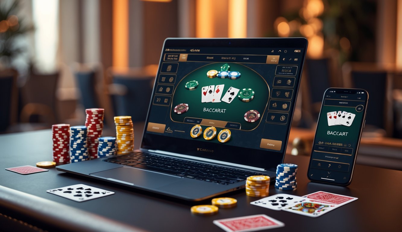 Seorang pemain sedang menggunakan laptop dan smartphone untuk bermain baccarat online dengan kartu dan chip kasino di meja.