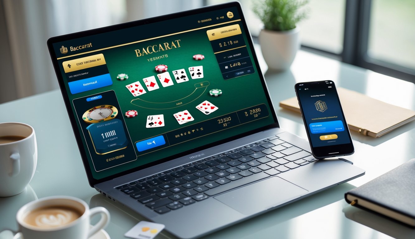 Seseorang menggunakan laptop dan ponsel untuk bermain baccarat online dengan metode pembayaran cepat di meja kerja yang rapi.