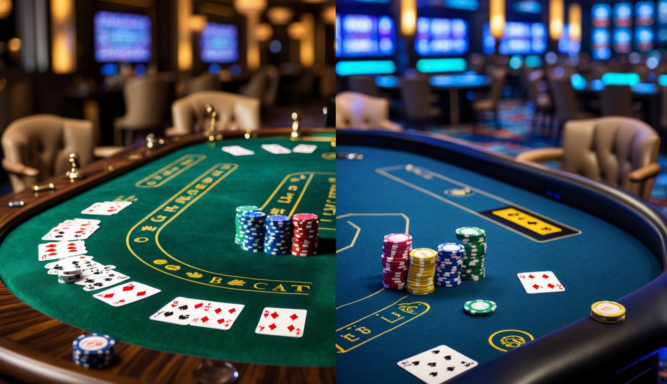 Dua meja Baccarat berdampingan, satu dengan suasana klasik dan satu lagi dengan suasana modern, menampilkan perbedaan antara Baccarat klasik dan modern.