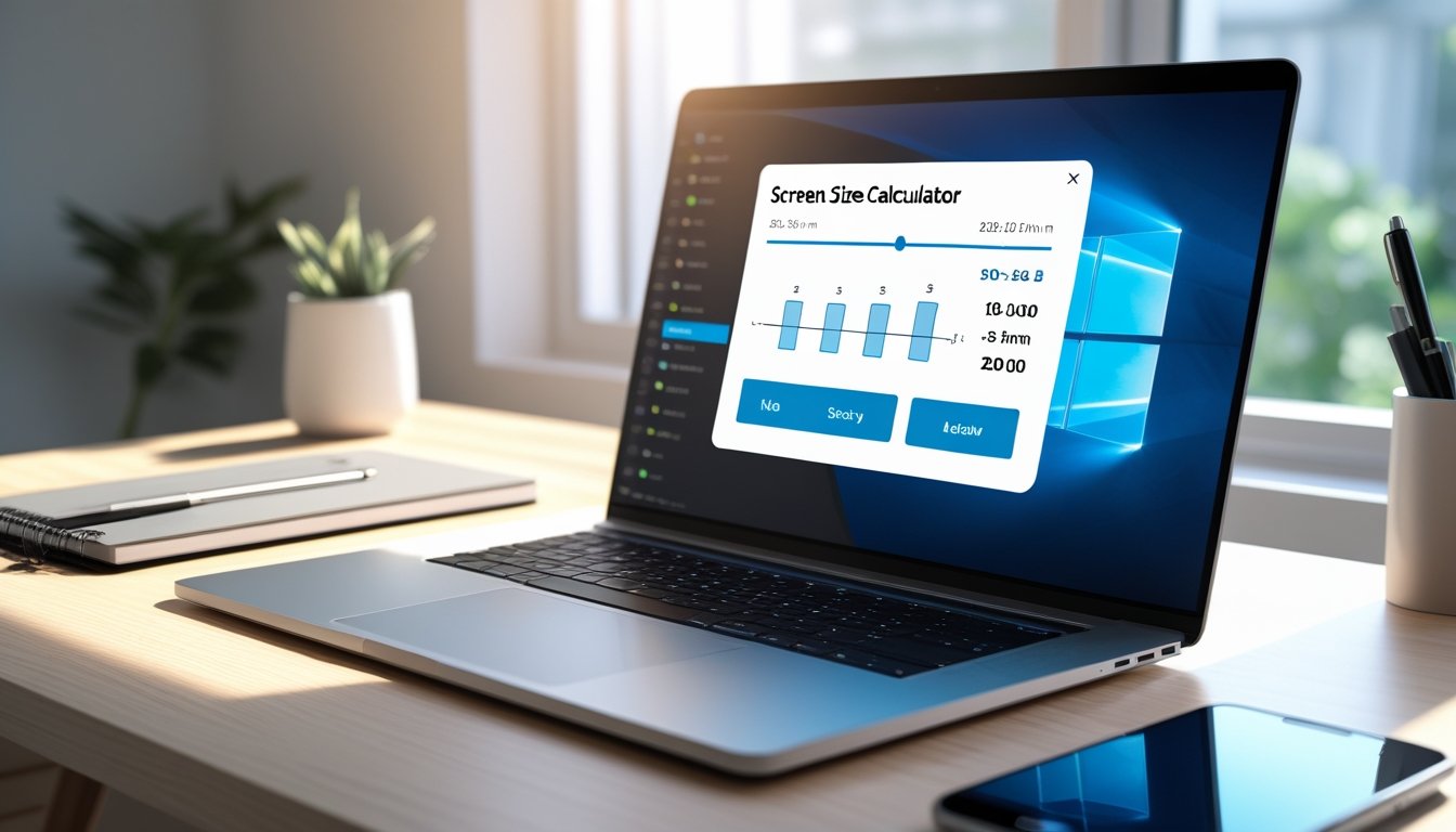 Sebuah laptop di atas meja kerja dengan aplikasi kalkulator ukuran layar terbuka, dikelilingi oleh alat tulis dan ponsel.