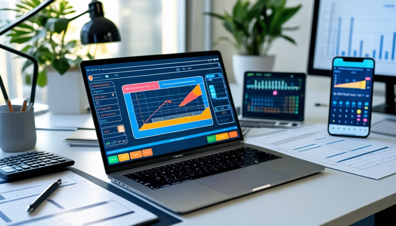 Sebuah ruang kerja modern dengan laptop yang menampilkan kalkulator ukuran layar dan alat pengukur, dikelilingi dokumen teknis dan peralatan kantor.