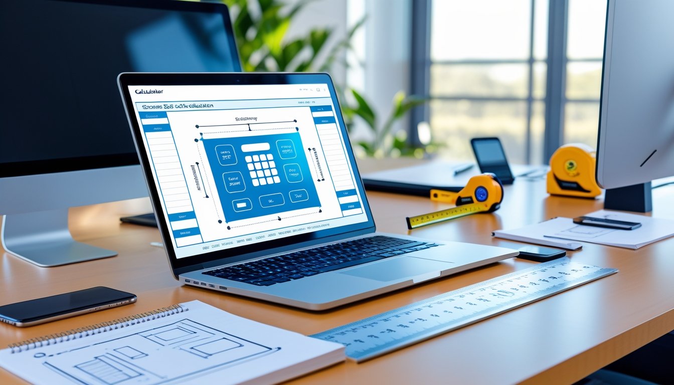 Sebuah ruang kerja modern dengan laptop yang menampilkan kalkulator digital dan alat pengukur di sekitarnya, menggambarkan proses menentukan ukuran layar yang tepat.