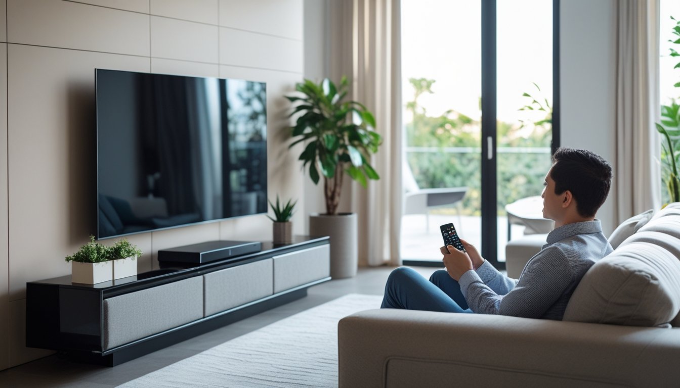 Seseorang duduk di sofa di ruang tamu yang nyaman menonton televisi dengan jarak yang ideal.