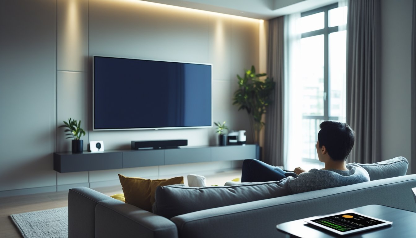 Seseorang duduk di sofa menghadap televisi layar datar di ruang tamu yang nyaman dengan jarak menonton yang optimal.