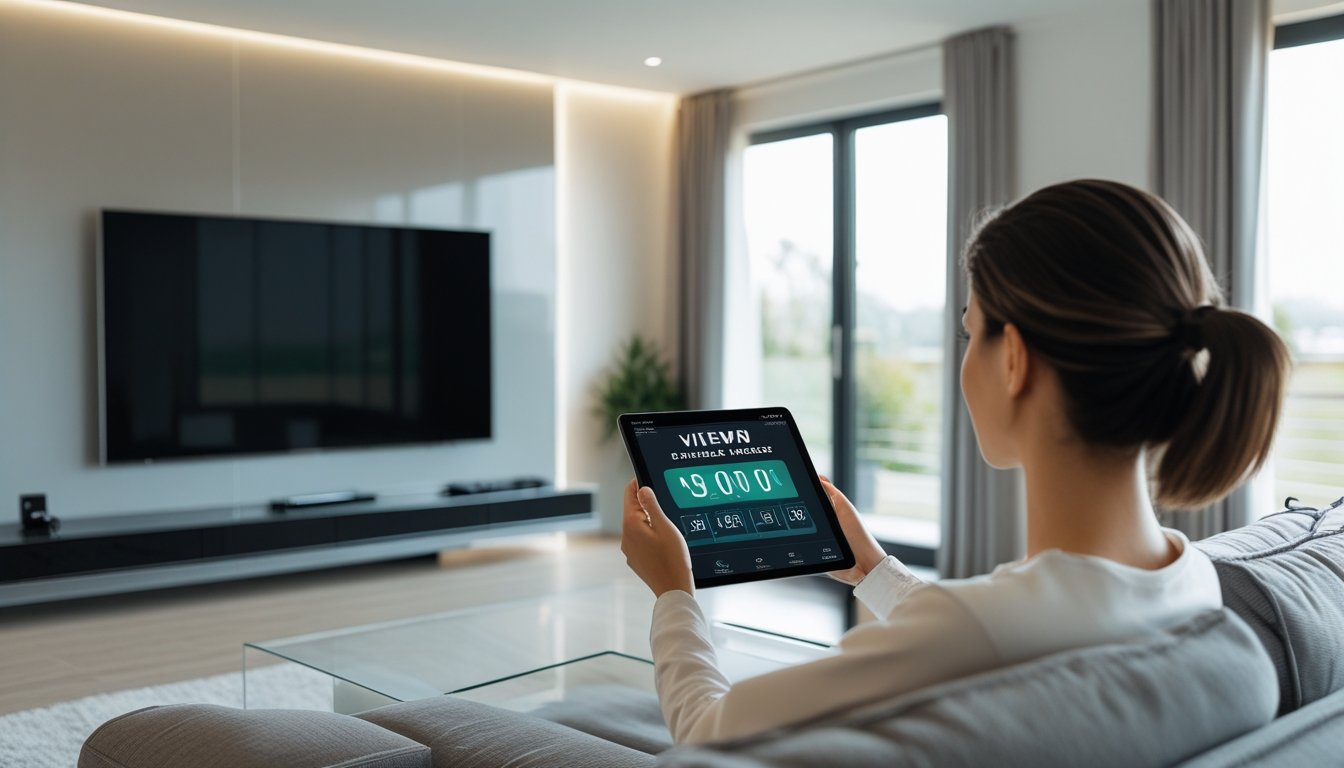 Seseorang menggunakan tablet di ruang tamu modern dengan televisi besar dan sofa yang ditempatkan pada jarak menonton yang ideal.