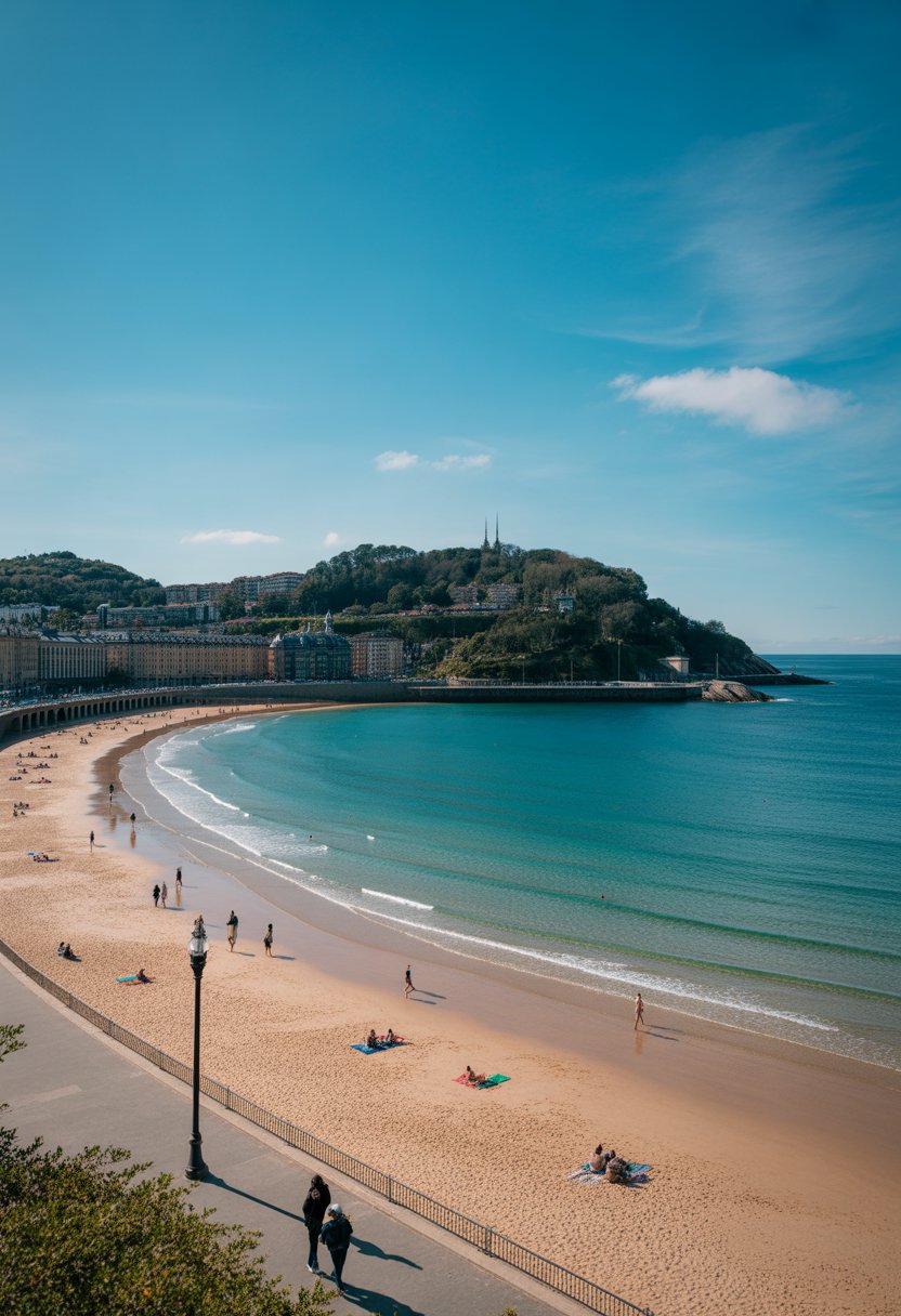 A crescent-shaped sandy beach with calm blue water, people walking and sunbathing, historic buildings and green hills in the background under a blue sky.