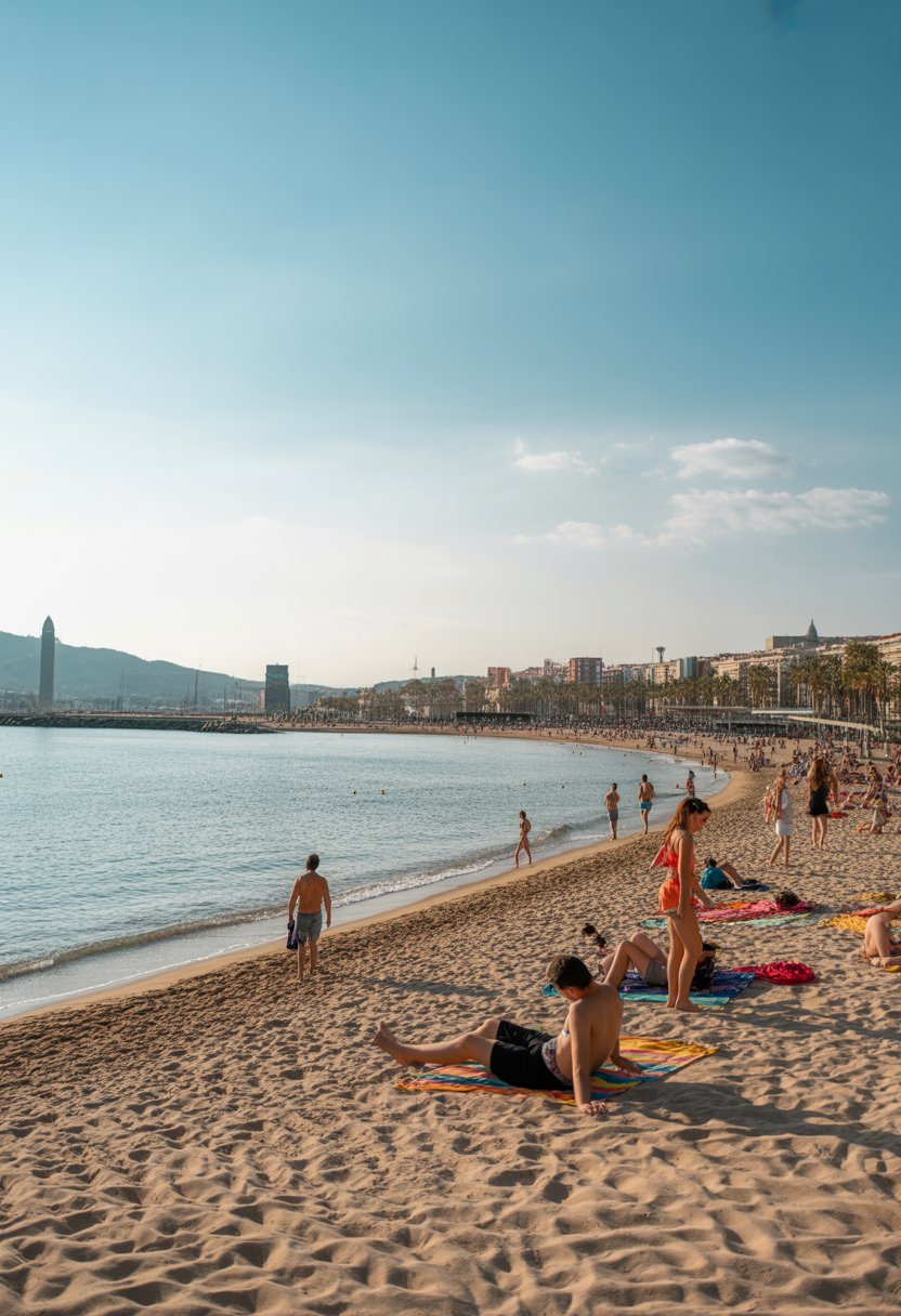 A sunny beach in Barcelona with golden sand, clear blue water, people enjoying the shore, and city buildings in the background.