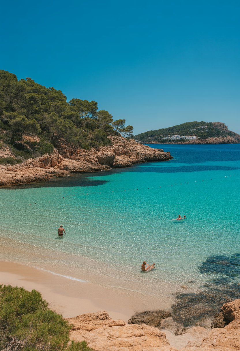 A clear turquoise sea meeting a golden sandy beach surrounded by rocky cliffs and green vegetation under a bright blue sky.