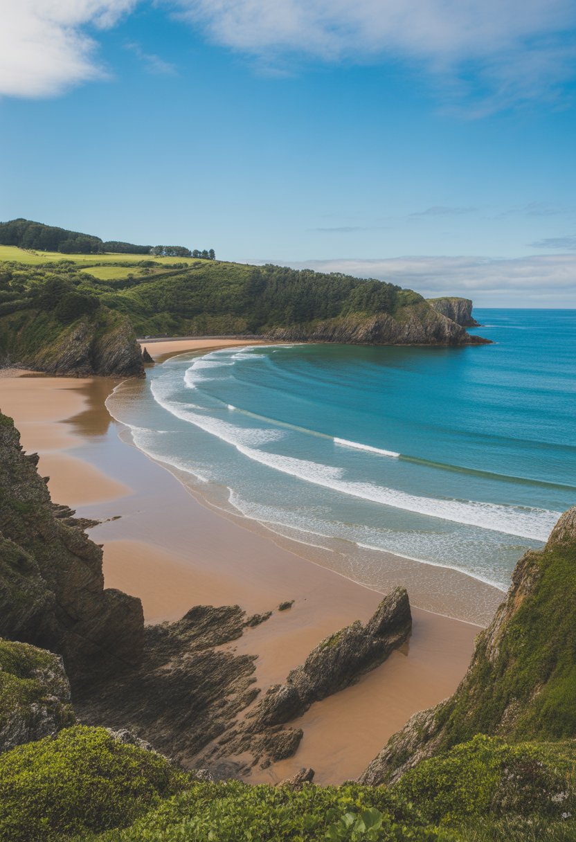 A crescent-shaped sandy beach with clear turquoise water, surrounded by green cliffs and rocky formations under a blue sky.