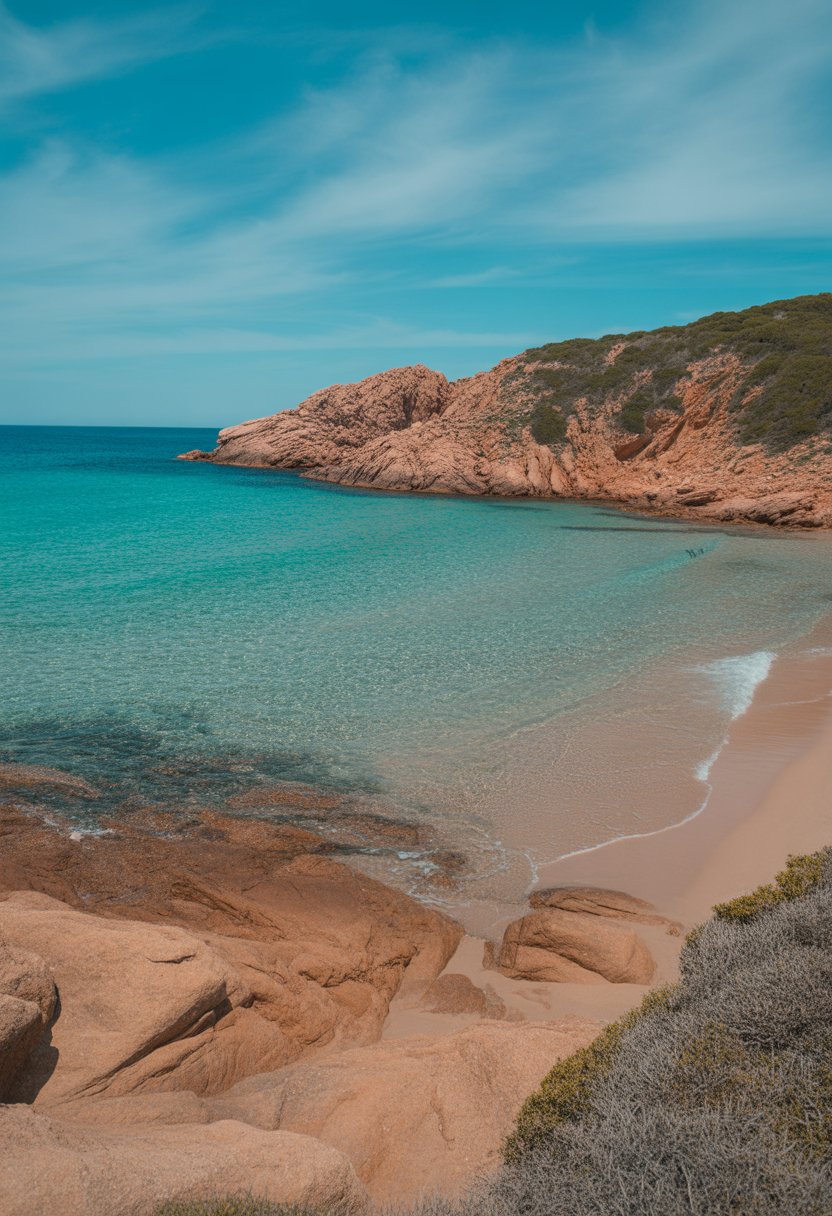 A tranquil beach with turquoise water, golden sand, reddish rocks, and cliffs under a blue sky.