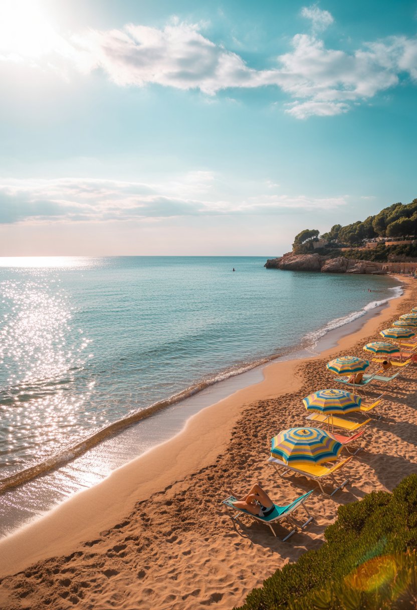 A sunny beach in Spain with golden sand, clear turquoise water, beach umbrellas, and green cliffs in the background.
