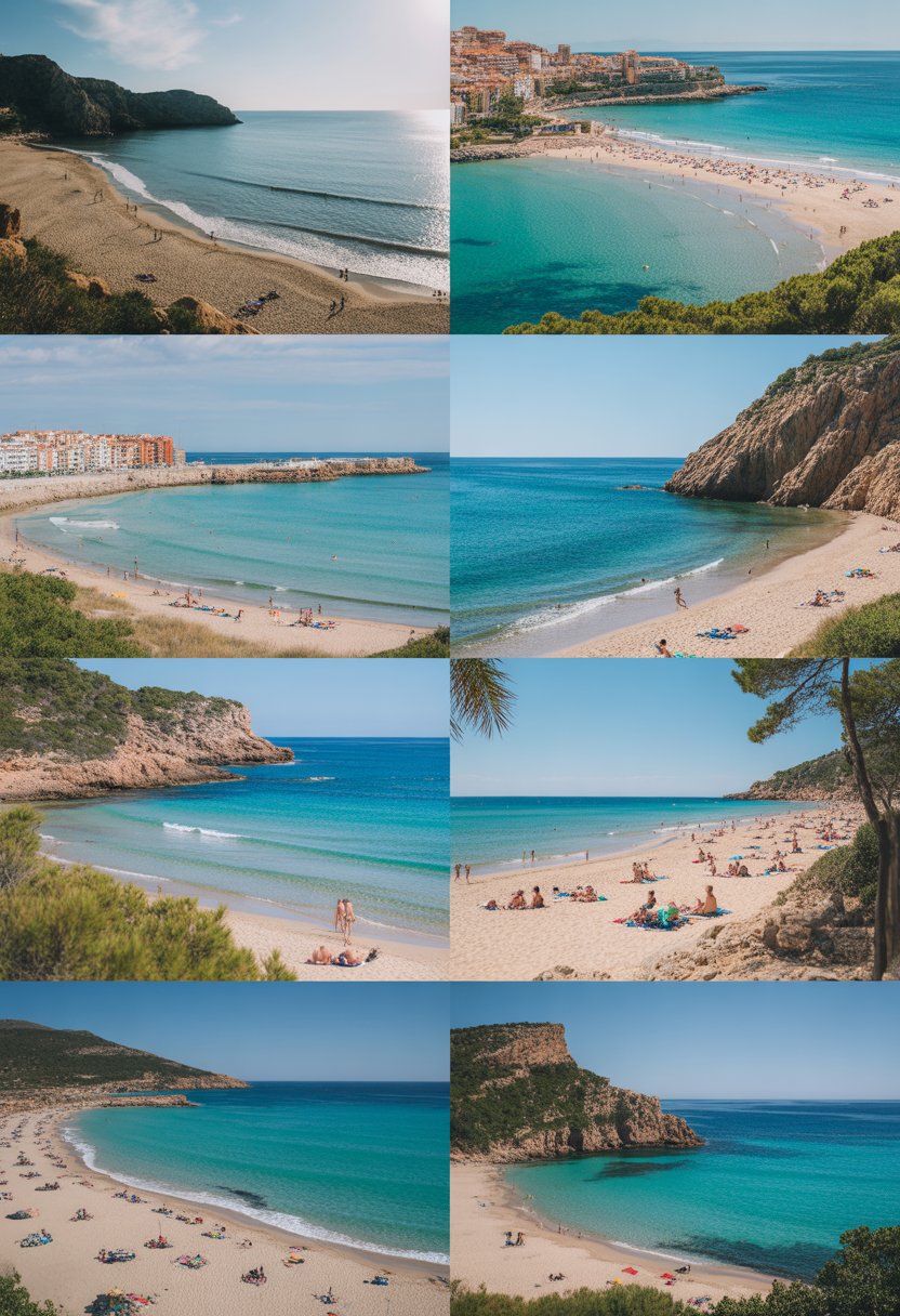 A panoramic view of seven diverse beaches in Spain with clear blue water, sandy shores, rocky cliffs, and colorful beach towns under a bright sky.