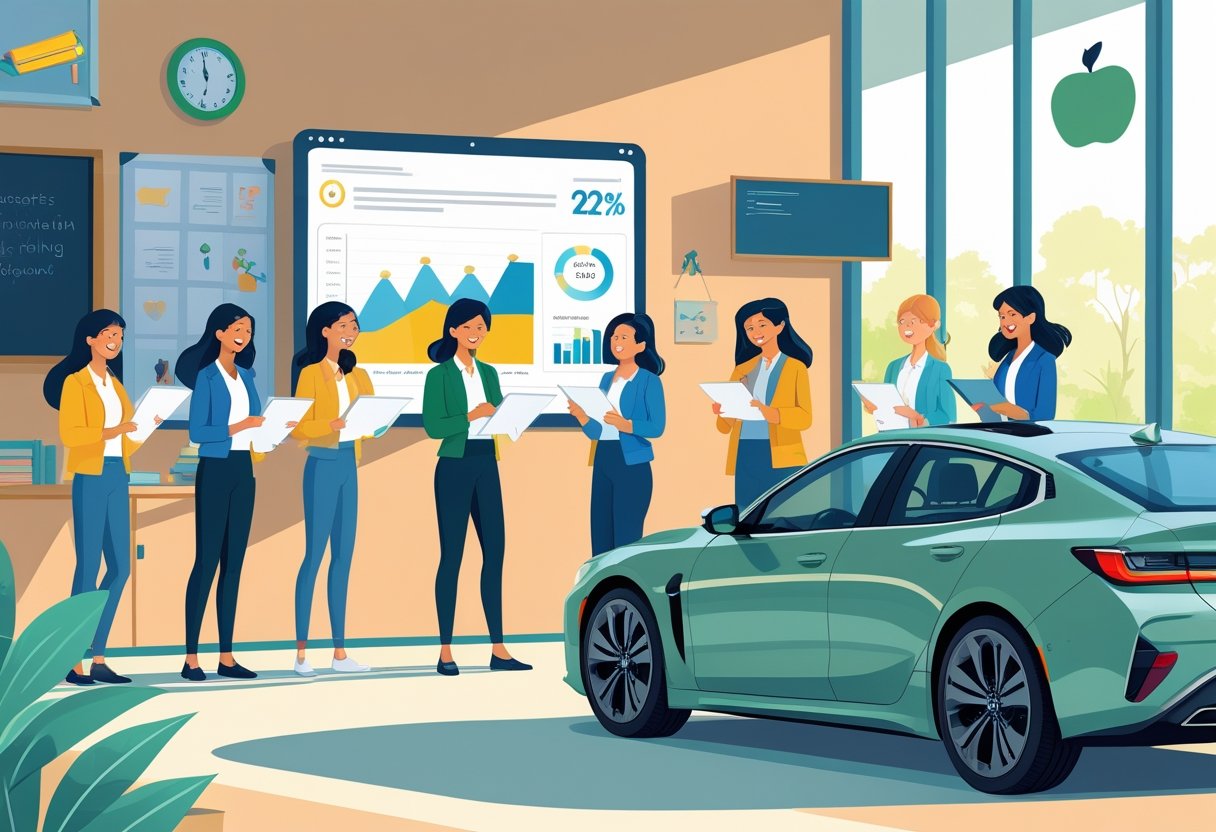 A group of teachers reviewing documents and charts about savings, with a modern car nearby and educational symbols in the background.