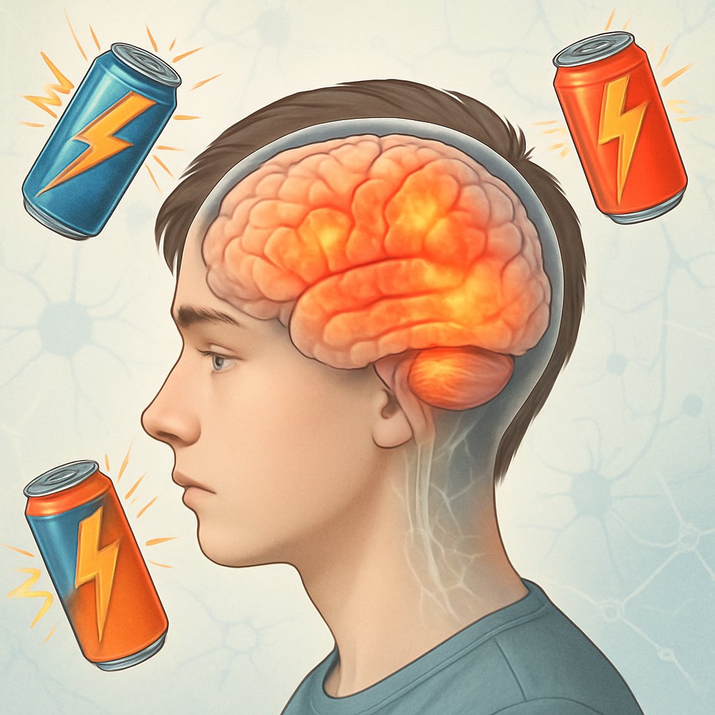 Side profile of a teenage boy's head showing the brain with highlighted areas affected by energy drinks, surrounded by vibrant energy drink cans and subtle scientific elements in the background.