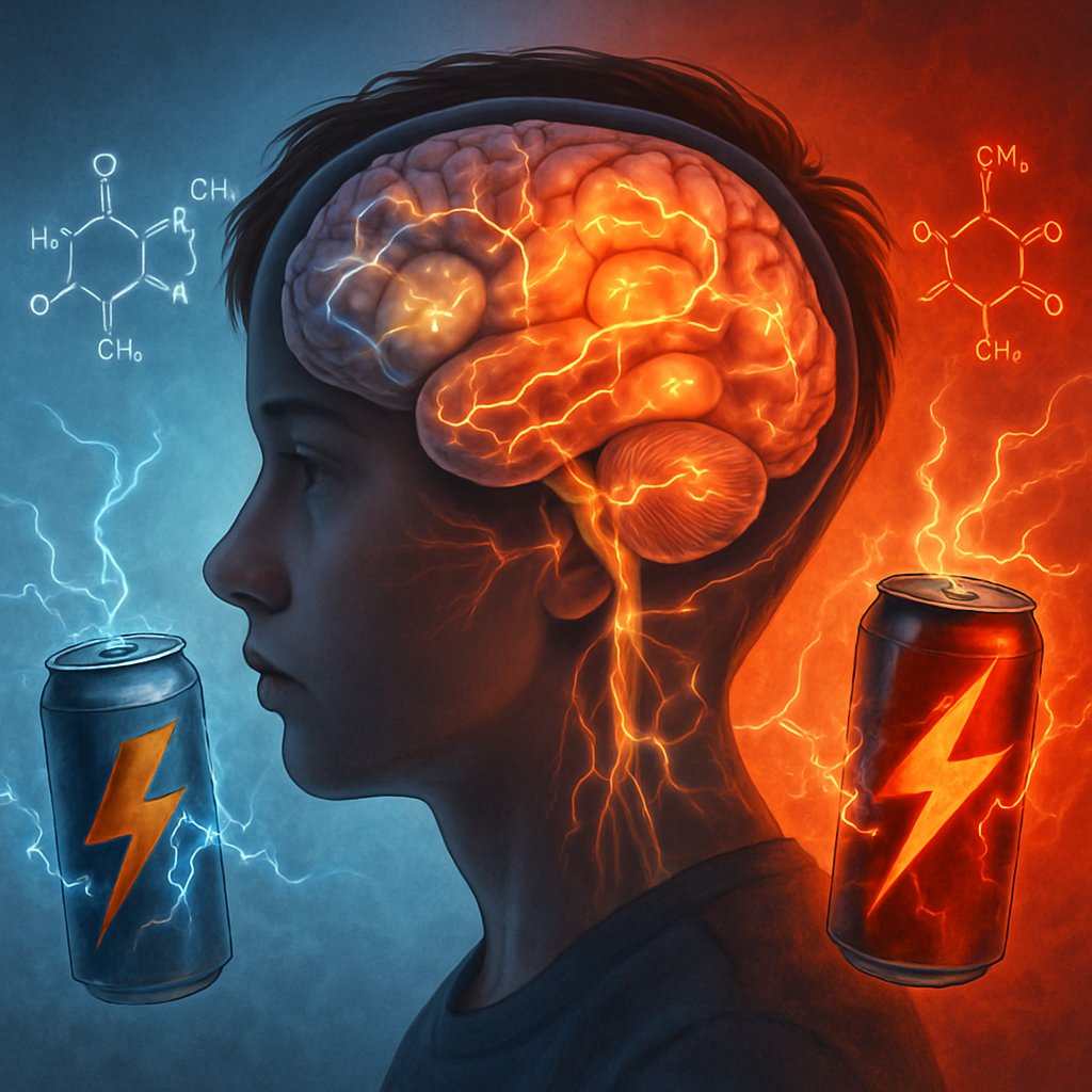 Side profile of a teenage boy's head showing a glowing brain with neural pathways, surrounded by energy drink cans emitting electric effects, illustrating adolescent brain development and vulnerability.