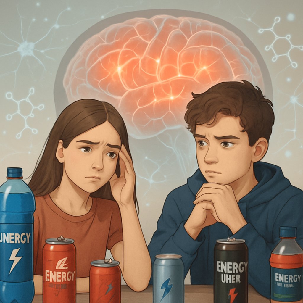 An adolescent boy and girl surrounded by energy drinks with a translucent brain illustration behind them highlighting brain regions.