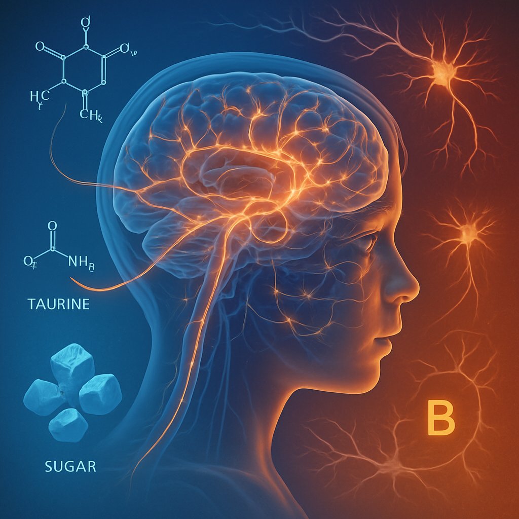 An illustration showing an adolescent brain with glowing neural pathways connected to representations of energy drink ingredients, highlighting their effects on brain development.