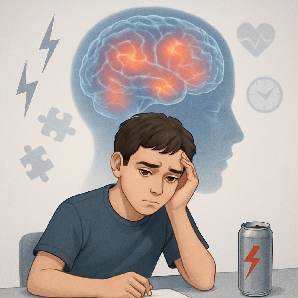 An adolescent sitting at a desk with an energy drink can nearby, with a glowing outline of a brain behind them showing highlighted areas affected by energy drinks.