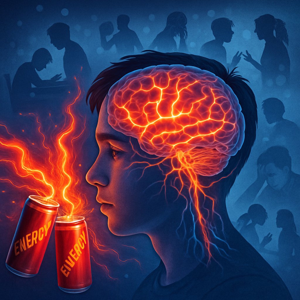 Side profile of a teenage boy's head showing the brain with energy drink cans nearby emitting glowing waves affecting the brain, with silhouettes of adolescents in the background.