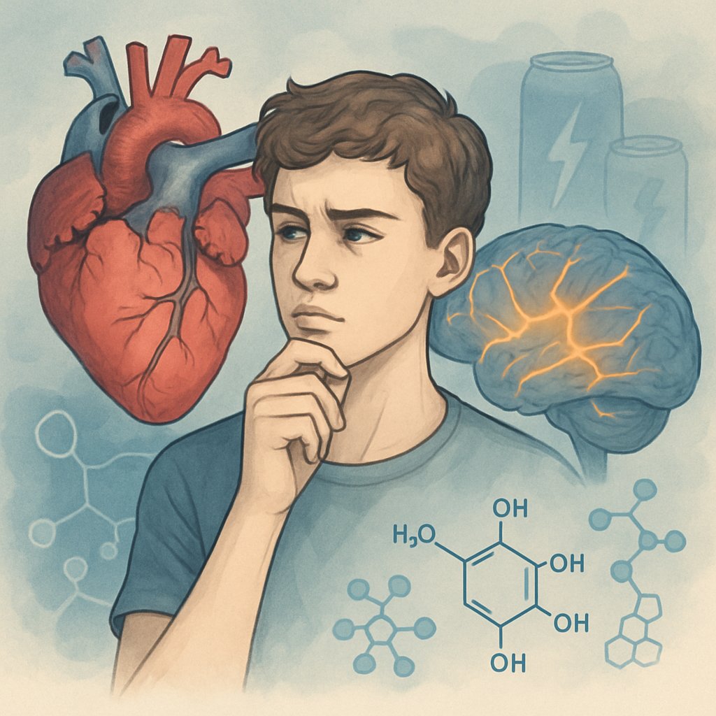 An adolescent surrounded by symbolic illustrations of the heart, brain, and metabolic elements representing health concerns related to energy drink consumption.
