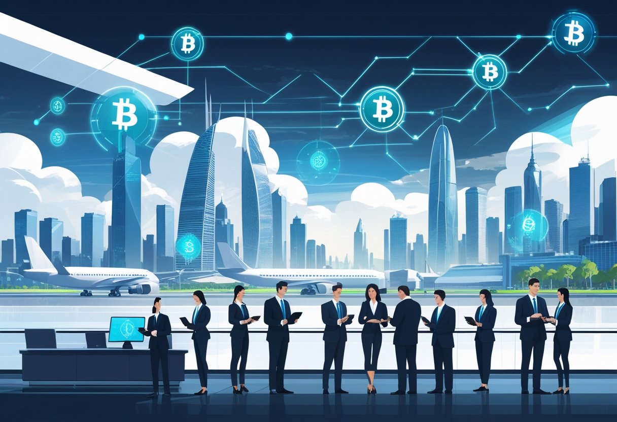 A cityscape with travelers and business professionals using digital devices, surrounded by symbols of blockchain and cryptocurrency integrated into a tourism and hospitality setting.