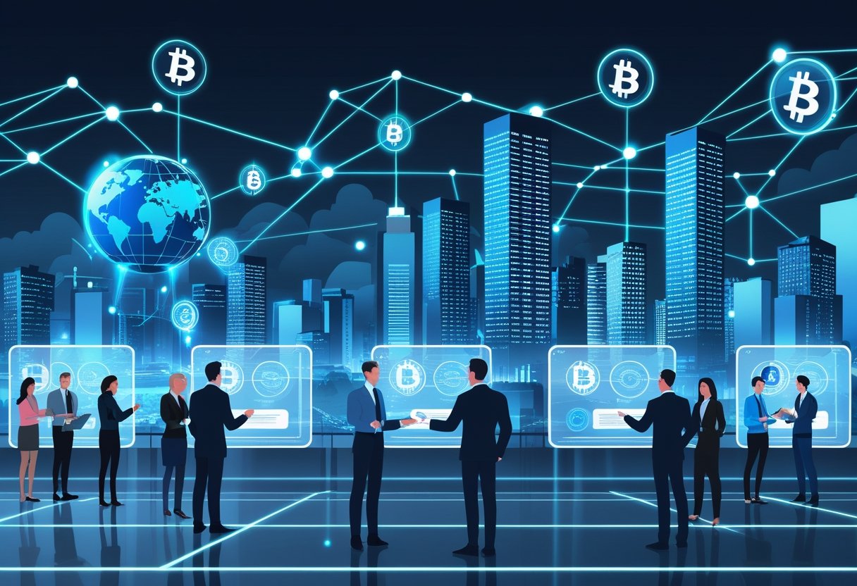 A cityscape with business professionals interacting with digital blockchain and cryptocurrency icons, alongside symbols representing travel and hospitality.