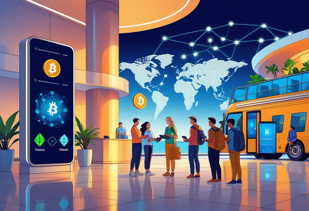 Travelers using digital devices to make cryptocurrency payments in a modern hotel lobby and tour bus, with blockchain network visuals in the background.