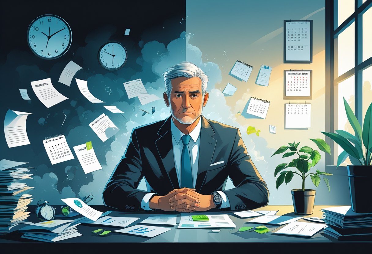 A middle-aged person at a desk surrounded by symbols of stress on one side and recovery on the other, showing a transition from burnout to rebuilding life.