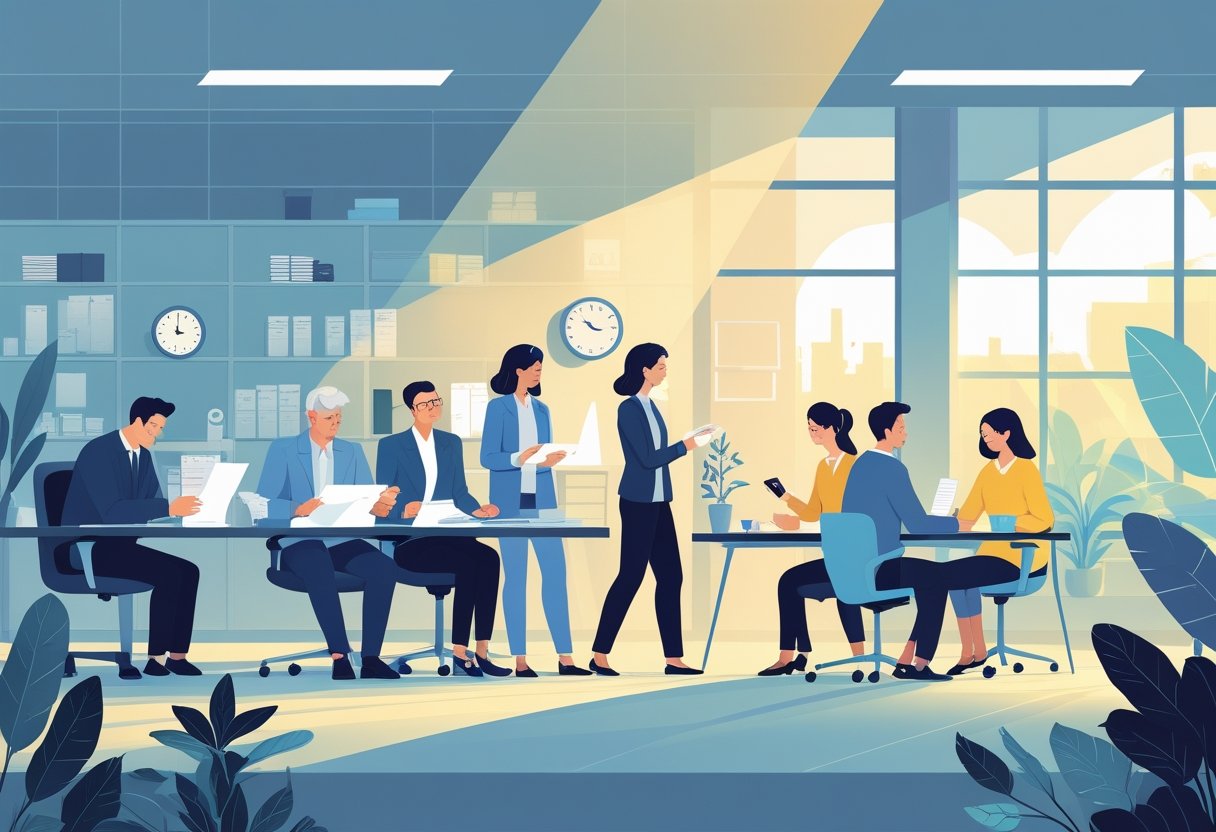 A group of adults in an office showing some stressed and others practicing calming activities, with symbols of stress and growth representing recovery from job burnout.